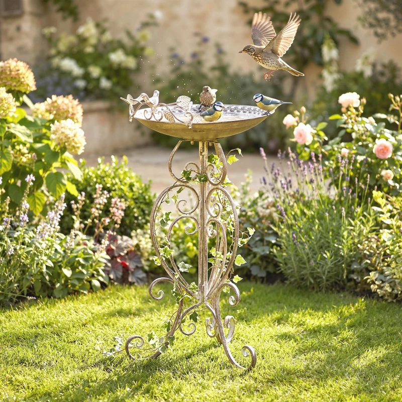 Outsunny 30" Tall Bird Bath with Bird Statues and Decorative Stand, Freestanding Vintage Garden BirdBath Bowl Pedestal, Brown