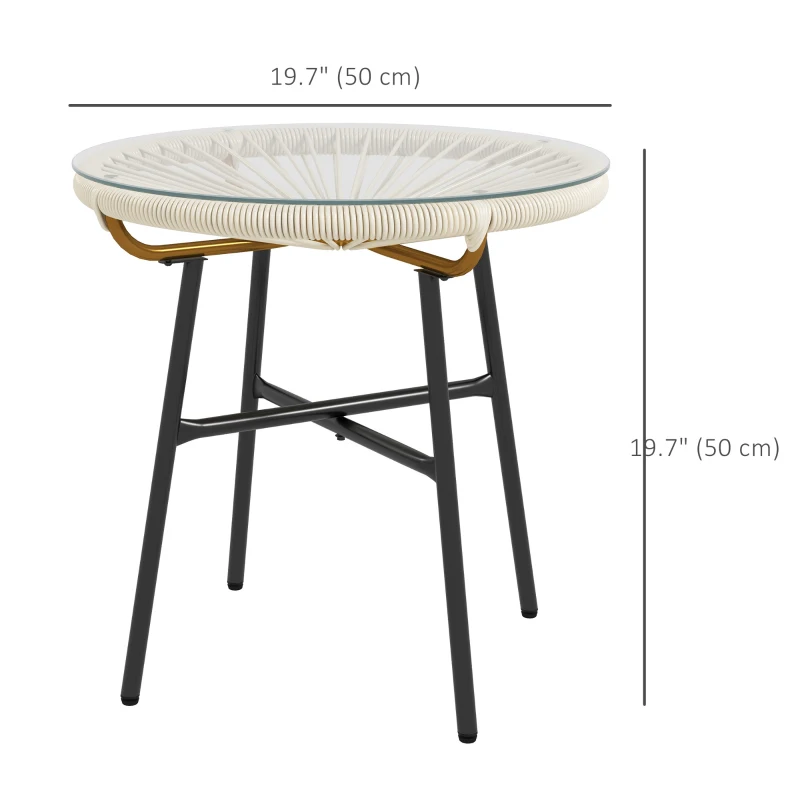 Outsunny Rattan Side Table, Round Outdoor Table, with Round PE Rattan and Tempered Glass Table Top for Patio, Garden, Cream White
