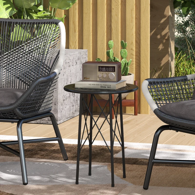 Outsunny 15.7" Round Garden Table with Floral Cut-Out, Steel Balcony Side Bistro Coffee Table with Adjustable Feet, Black