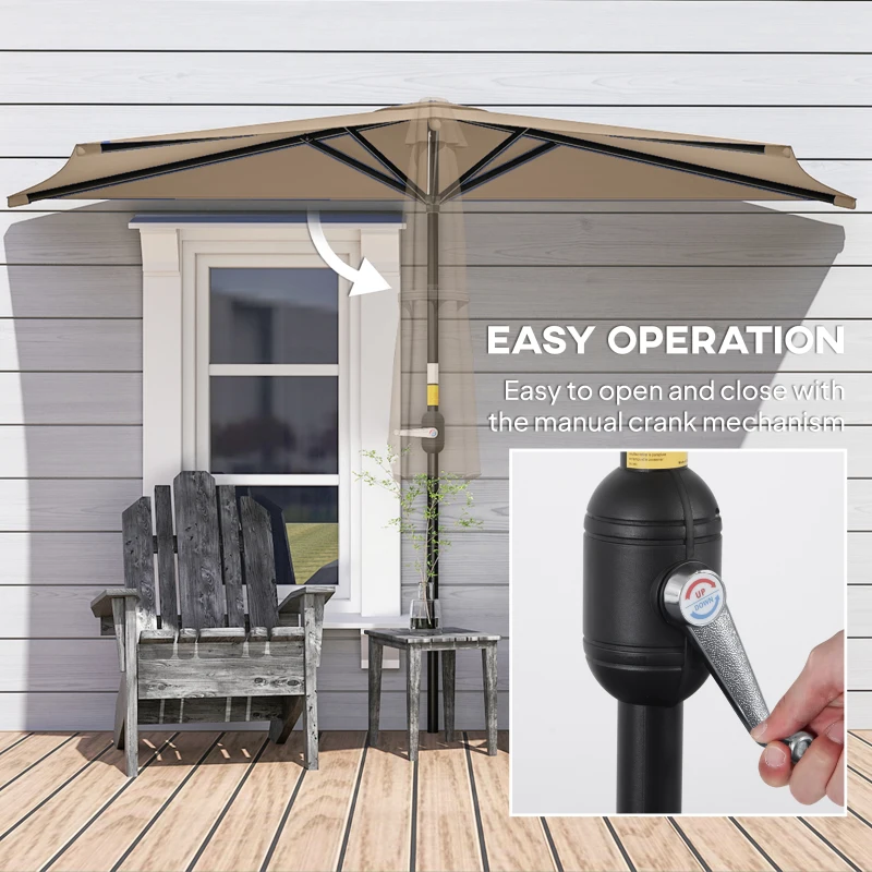 Outsunny 9.8ft Half Umbrella Semi Round Patio Parasol with Crank Handle, Top Vent for Garden, Balcony- NO BASE INCLUDED, Coffee