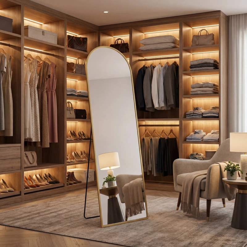 HOMCOM Arched Standing Mirror, 64" x 20" Full Length Mirror, Free Standing or Wall Mounted for Living Room, Bedroom, Gold