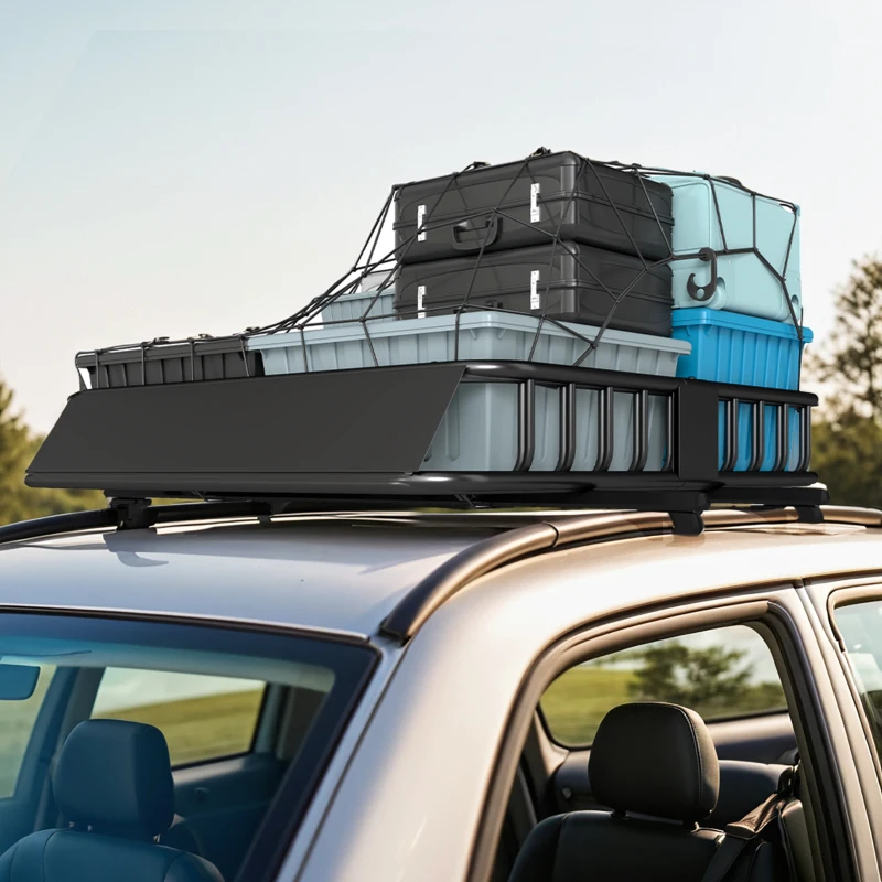 HOMCOM Universal Roof Rack Basket, 200lbs Steel Roof Rack Cargo Carrier with Wind Fairing, Side Rails, 43.5"x39.2"x7.3", Black