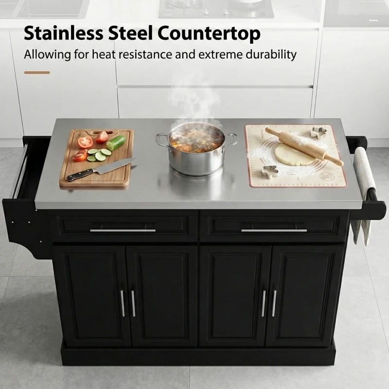HOMCOM Rolling Kitchen Island with Storage and Stainless Steel Top, Kitchen Trolley with Drawers, Cabinets, Towel Rack