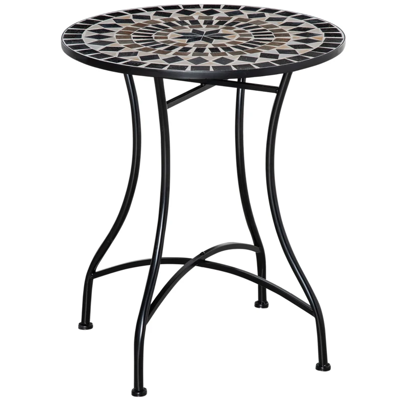 Outsunny Mosaic Patio Table, Round Coffee Table with Metal Frame, Garden Furniture for Outdoor, Poolside, Black