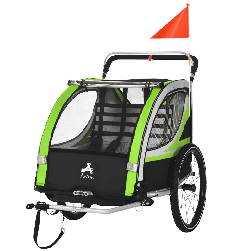 Aosom 3-in-1 Bike Trailer for Kids, Running Stroller with 2 Seats, Jogging Cart with 5-Point Harness, Storage Units, Green