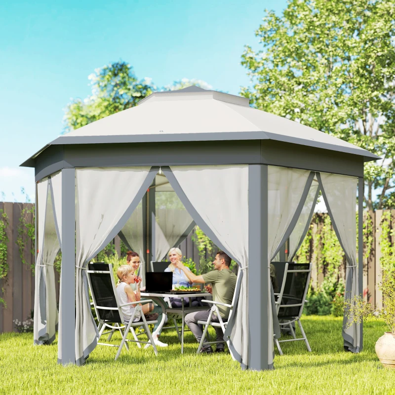 Outsunny 13' x 13' Pop Up Gazebo Hexagonal Canopy Shelter with 6 Zippered Mesh Netting for Patio Backyard Garden Wedding Party