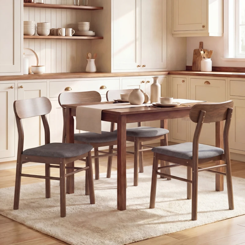 HOMCOM Set of 4 Dining Chairs, Upholstered Dining Room Chairs with Rubberwood Legs and Padded Seat for Kitchen, Gray