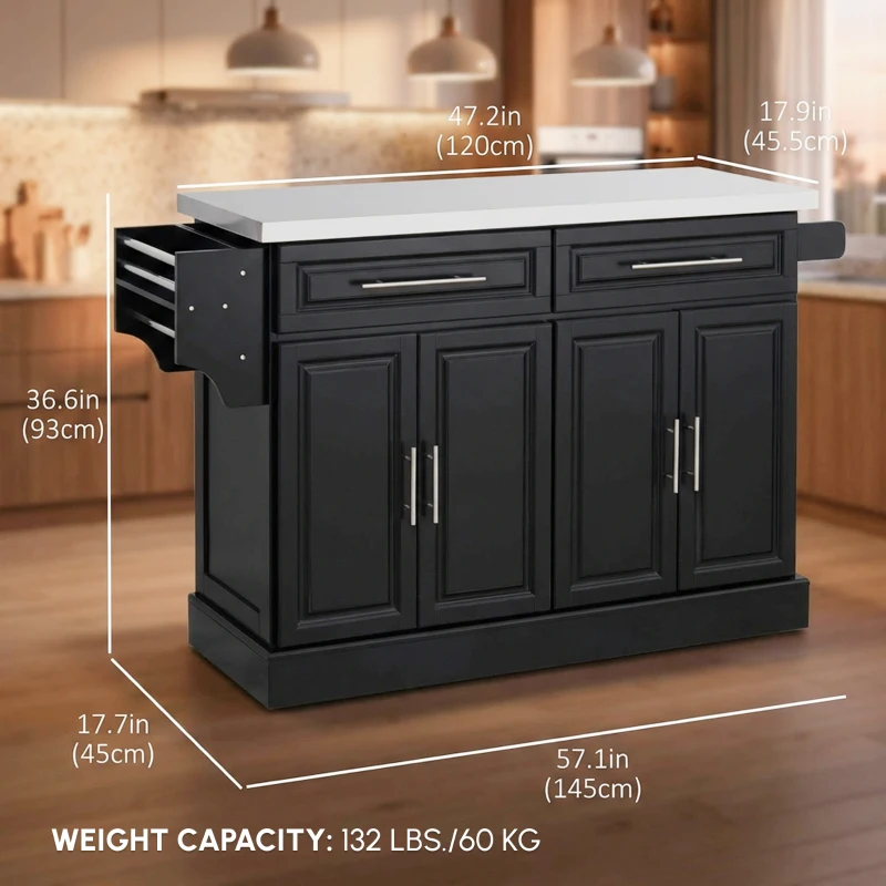 HOMCOM Rolling Kitchen Island with Storage and Stainless Steel Top, Kitchen Trolley with Drawers, Cabinets, Towel Rack