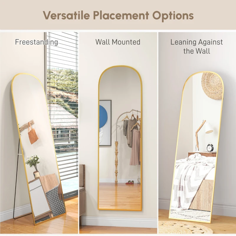 HOMCOM Arched Standing Mirror, 64" x 20" Full Length Mirror, Free Standing or Wall Mounted for Living Room, Bedroom, Gold