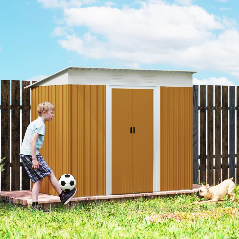 Outsunny 7' x 4' Outdoor Storage Shed, Metal Garden Tool Storage House Organizer with Lockable Sliding Doors and Vents for Backyard Patio Lawn, Yellow