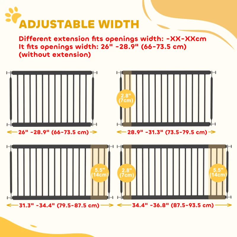 PawHut 26"-37" Dog Gate, Adjustable Pet Gate, Fits 18" Tall with 2 Extension, Pressure Mount Kit for Stairs and Doorways, Black