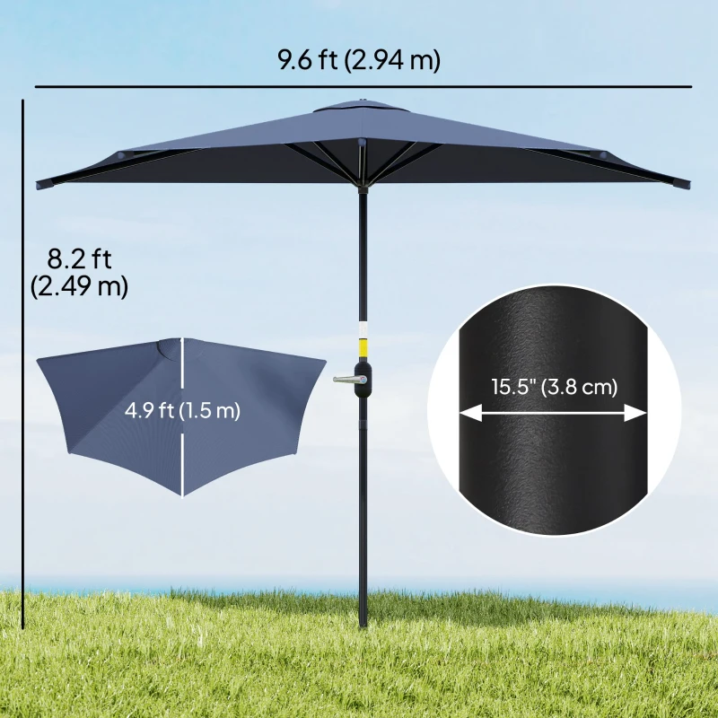 Outsunny 9.8ft Half Umbrella Semi Round Patio Parasol with Crank Handle, Top Vent for Garden, Balcony- NO BASE INCLUDED, Dark Blue