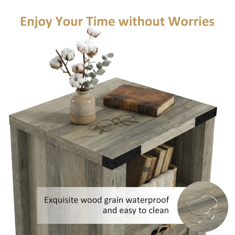 HOMCOM Small Side Table with Storage, Farmhouse End Table with Drawer, Open Shelf and Barn-style Panel, Nightstand for Living Room, Bedroom, Grey