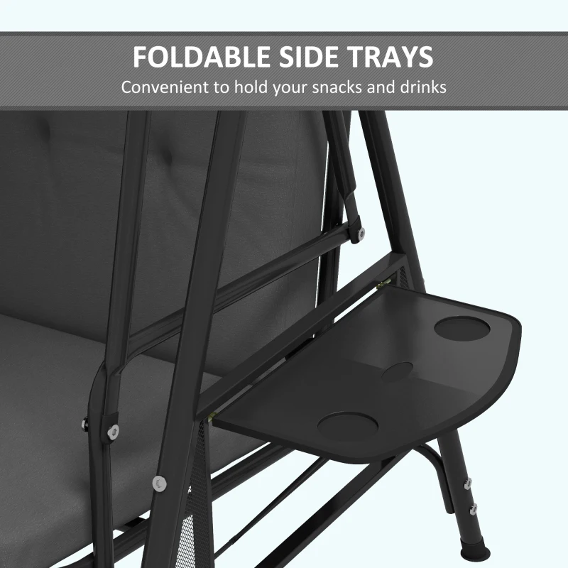 Outsunny 3-Seat Outdoor Porch Swing Patio Swing with Adjustable Canopy, Side Tray, Removable Cushion for Garden, Poolside, Grey