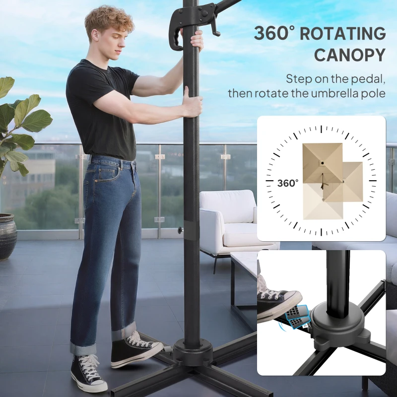 Outsunny 10 FT Cantilever Patio Umbrella, Square Patio Umbrella with Crank Handle, Cross Base and Tilt, 360° Rotation