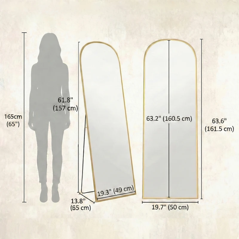 HOMCOM Arched Standing Mirror, 64" x 20" Full Length Mirror, Free Standing or Wall Mounted for Living Room, Bedroom, Gold
