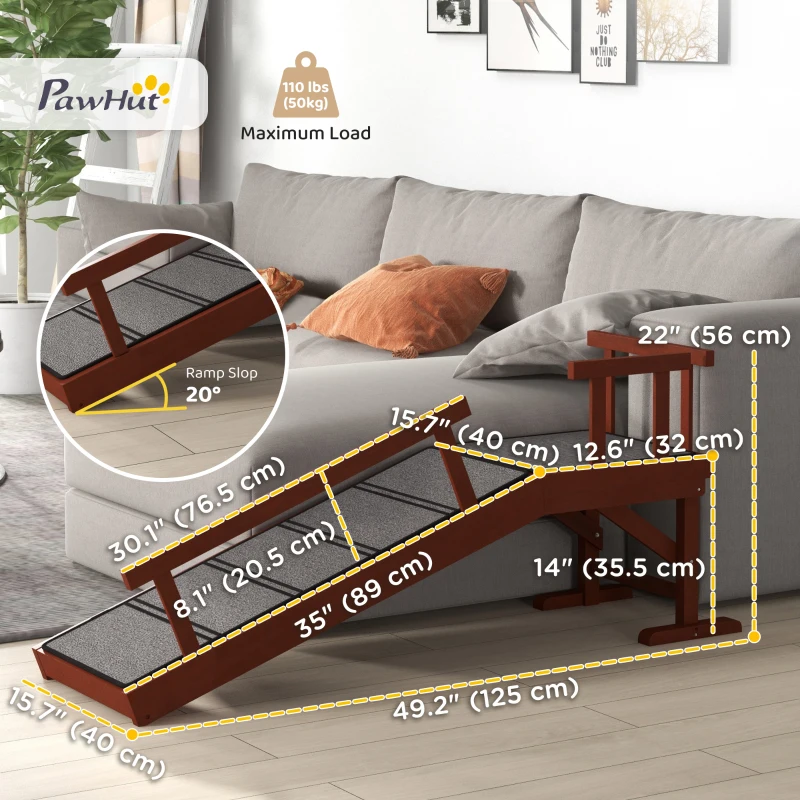 PawHut Wooden Dog Ramp for Large Dogs, 49" Long, with Non-slip Rug, Removable Guardrails for Couch, Bed, Brown