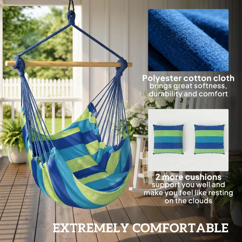 Outsunny Hammock Chair Swing Hanging Macrame Chair w/ Two Soft Seat Cushions, Blue and Green