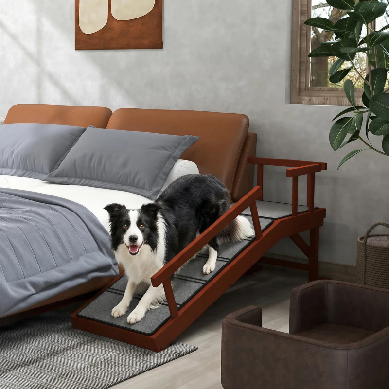 PawHut Wooden Dog Ramp for Large Dogs, 49" Long, with Non-slip Rug, Removable Guardrails for Couch, Bed, Brown
