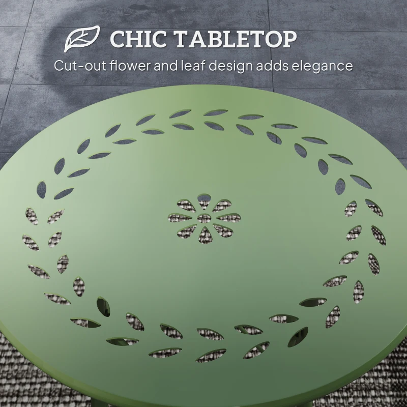 Outsunny 15.7" Round Garden Table with Floral Cut-Out, Steel Balcony Side Bistro Coffee Table with Adjustable Feet, Green
