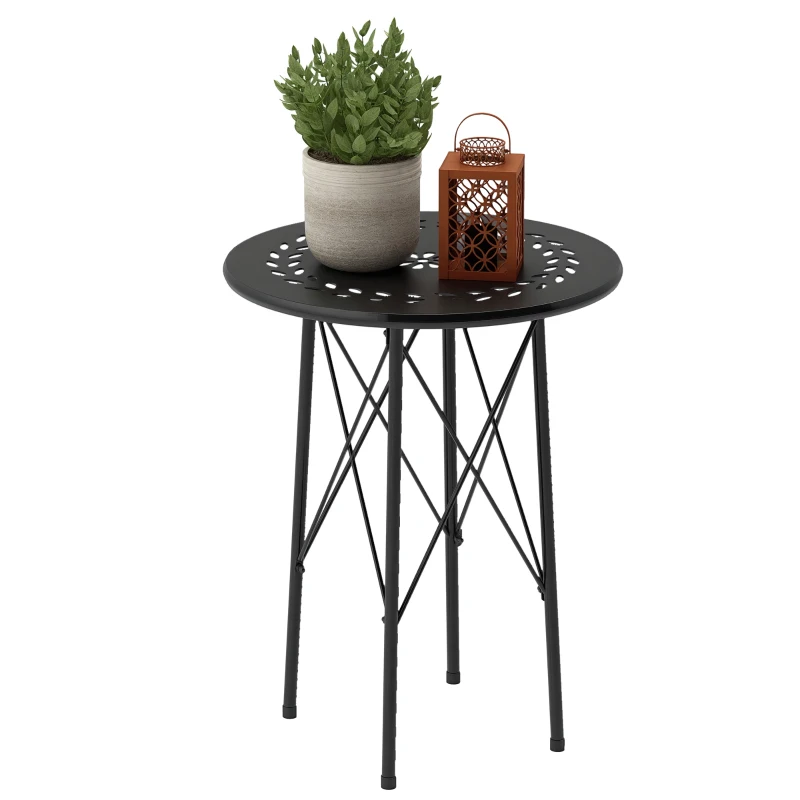 Outsunny 15.7" Round Garden Table with Floral Cut-Out, Steel Balcony Side Bistro Coffee Table with Adjustable Feet, Black