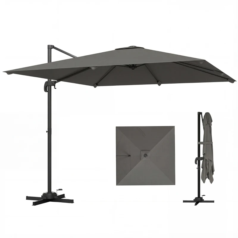 Outsunny 10 FT Cantilever Patio Umbrella, Square Patio Umbrella with Crank Handle, Cross Base and Tilt, 360° Rotation