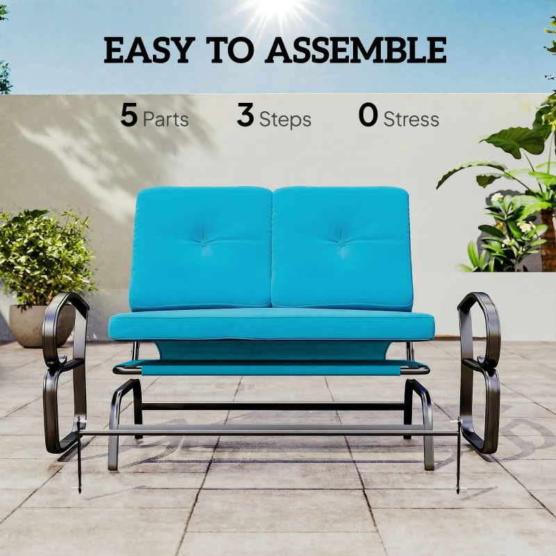 Outsunny Outdoor Glider Bench, 2-Person Patio Rocker Loveseat with Tufted Cushions, Steel Frame for Porch, Garden Backyard, Blue