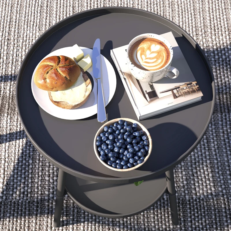 Outsunny Round Garden Table, 2-Tier Small Side Table, Metal Patio Table Coffee Table Dining Table, Black