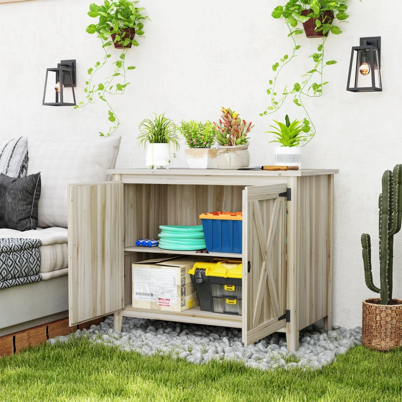 Outsunny Wooden Outdoor Storage Cabinet, Garden Shed Potting Shed with Shelf and Double Doors, Natural Wood