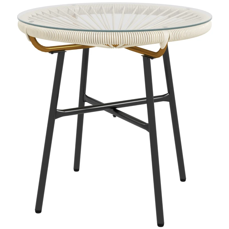 Outsunny Rattan Side Table, Round Outdoor Table, with Round PE Rattan and Tempered Glass Table Top for Patio, Garden, Cream White
