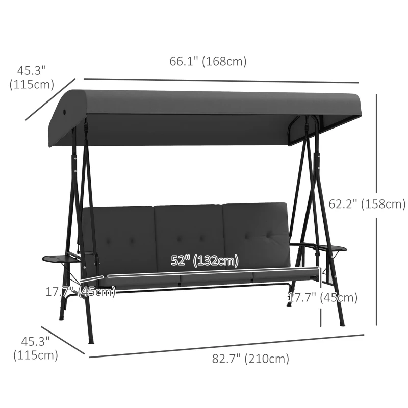 Outsunny 3-Seat Outdoor Porch Swing Patio Swing with Adjustable Canopy, Side Tray, Removable Cushion for Garden, Poolside, Grey