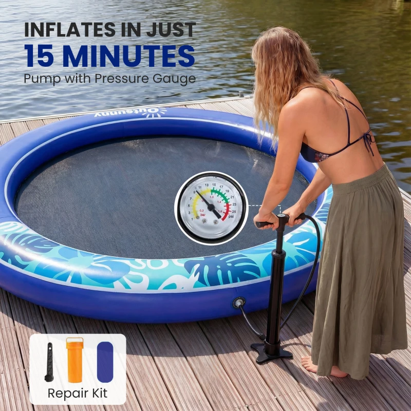 Outsunny 8FT Inflatable Water Hammock Floating Ring, Inflatable Floating Dock Platform for for Lakes, Pools, Oceans, Blue
