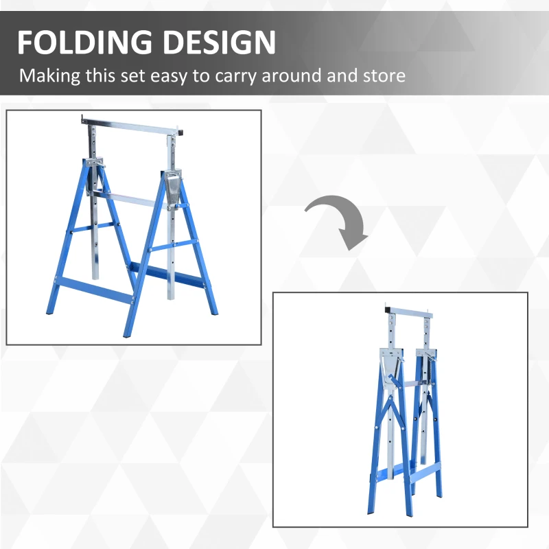 HOMCOM Set of 2 Adjustable Telescopic Builders Trestle, DIY Steel Work Bench Carpenter, Folding Saw Horse Tools Blue