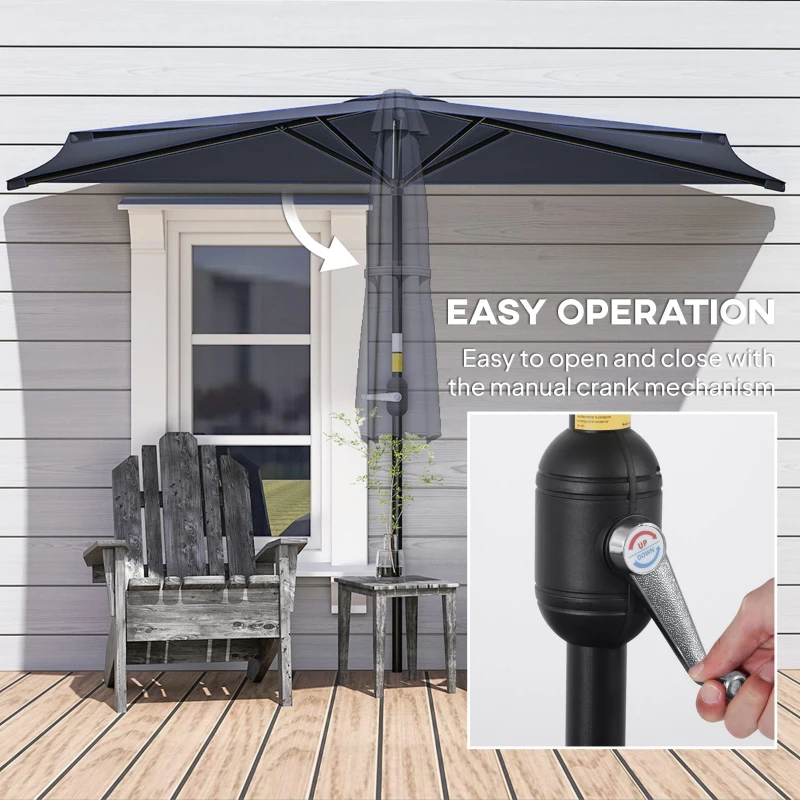 Outsunny 9.8ft Half Umbrella Semi Round Patio Parasol with Crank Handle, Top Vent for Garden, Balcony- NO BASE INCLUDED, Dark Blue