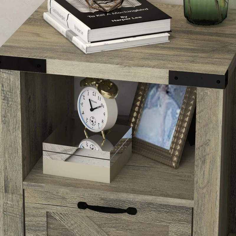 HOMCOM Small Side Table with Storage, Farmhouse End Table with Drawer, Open Shelf and Barn-style Panel, Nightstand for Living Room, Bedroom, Grey