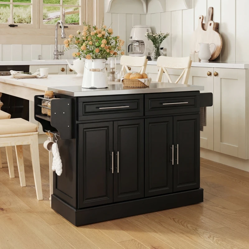 HOMCOM Rolling Kitchen Island with Storage and Stainless Steel Top, Kitchen Trolley with Drawers, Cabinets, Towel Rack