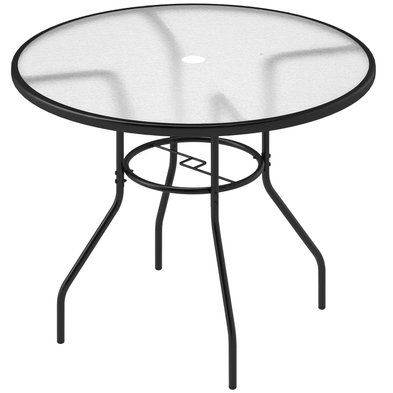 Outsunny 39.4" Round Outdoor Dining Table Coffee Side Bistro Table with Umbrella Hole, Glass Top, Steel Frame for Garden, Patio