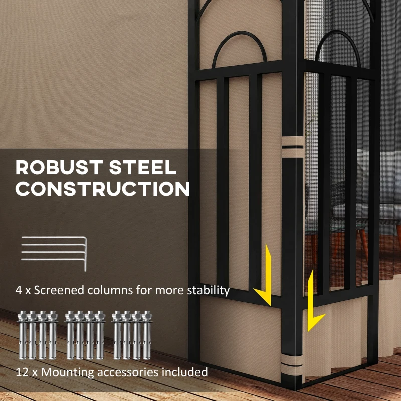 Outsunny 10' x 13' Wall Pergola, Outdoor Gazebo with 2 Curtains and 2 Nettings, UV Resistant, for Patio, Deck, Khaki