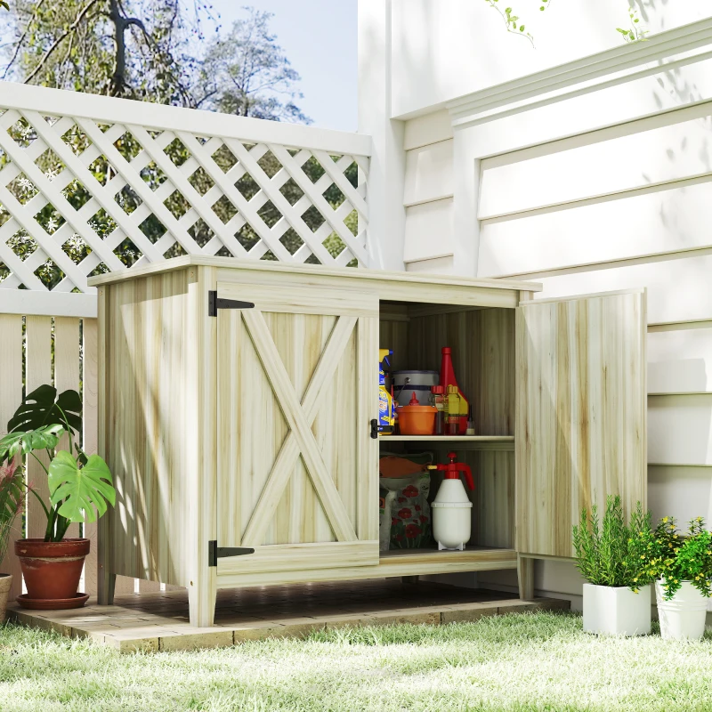 Outsunny Wooden Outdoor Storage Cabinet, Garden Shed Potting Shed with Shelf and Double Doors, Natural Wood