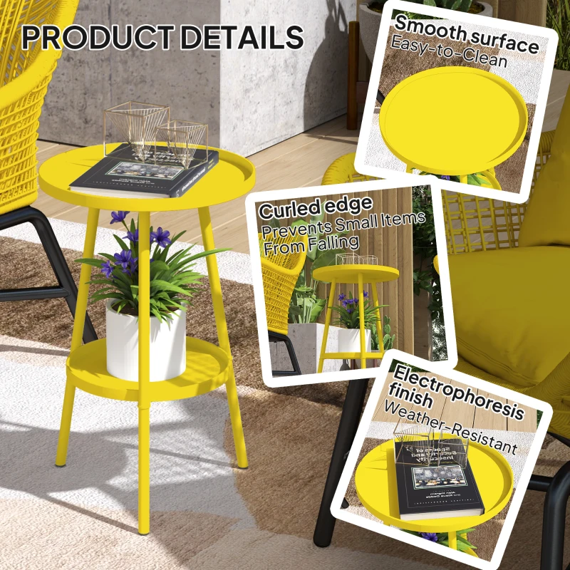 Outsunny Round Garden Table, 2-Tier Small Side Table, Metal Patio Table Coffee Table Dining Table, Yellow