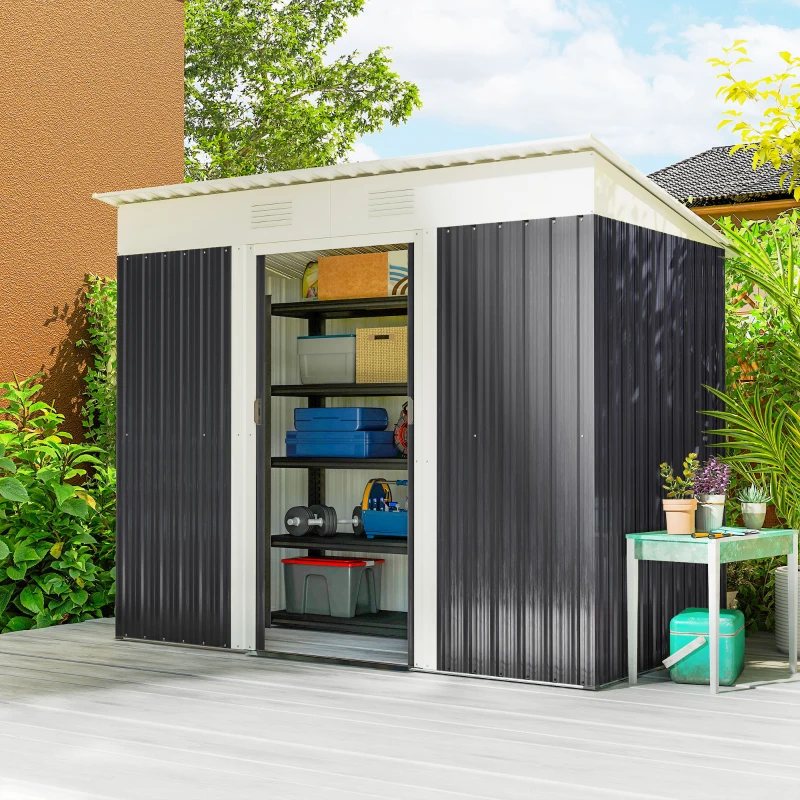 Outsunny 7' x 3.6' Metal Garden Shed, Backyard Tool Storage Shed with Dual Locking Doors, 2 Air Vents and Steel Frame, Gray