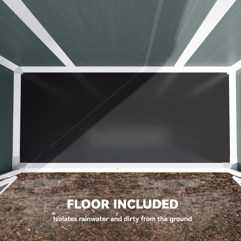 Outsunny Outdoor 4.4' x 2.3' Plastic Storage Shed with Lockable Doors and Foldable Shelves, Wood-Effect Garden Shed, Grey