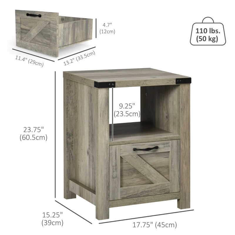 HOMCOM Small Side Table with Storage, Farmhouse End Table with Drawer, Open Shelf and Barn-style Panel, Nightstand for Living Room, Bedroom, Grey