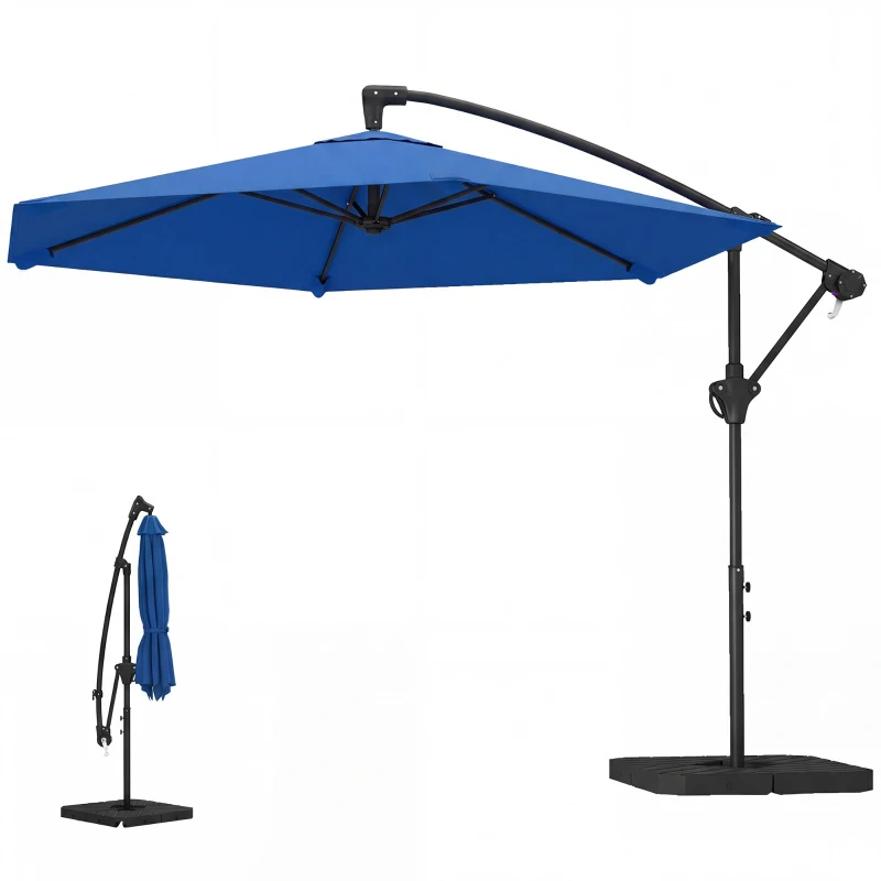 Outsunny 9.7 ft Offset Patio Umbrella with Water/Sand Fillable Weights, Garden Hanging Parasol with Locking Latch, Navy Blue