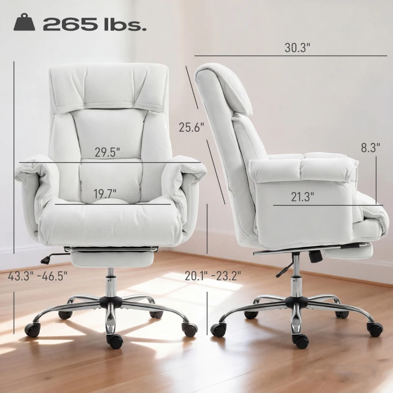 HOMCOM High Back Office Chair, Reclining Desk Chair with Footrest, High Resilience Foam, Rolling Wheels, Cream White