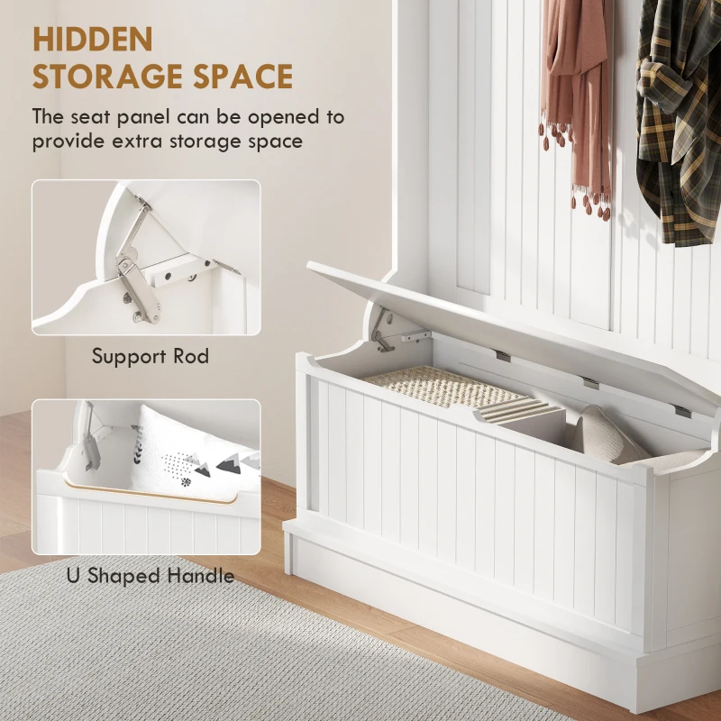 HOMCOM 3-In-1 Entryway Bench with Coat Rack, Hall Tree with Bench and Shoe Storage, 5 Hooks for Hallway Cream White