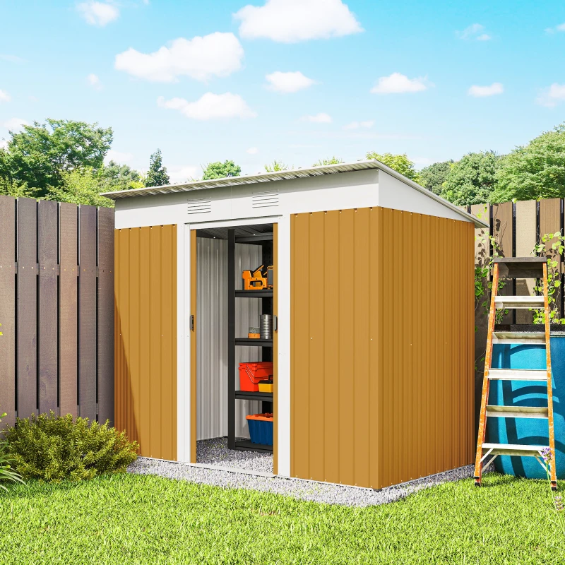 Outsunny 7' x 4' Outdoor Storage Shed, Metal Garden Tool Storage House Organizer with Lockable Sliding Doors and Vents for Backyard Patio Lawn, Yellow
