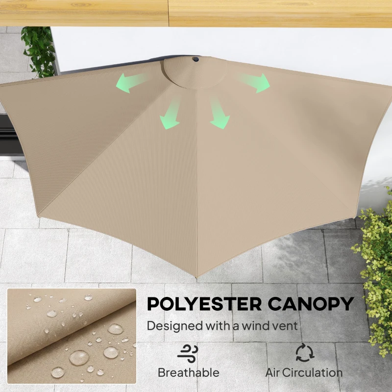 Outsunny 9.8ft Half Umbrella Semi Round Patio Parasol with Crank Handle, Top Vent for Garden, Balcony- NO BASE INCLUDED, Coffee