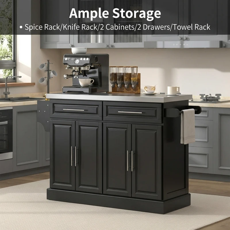 HOMCOM Rolling Kitchen Island with Storage and Stainless Steel Top, Kitchen Trolley with Drawers, Cabinets, Towel Rack