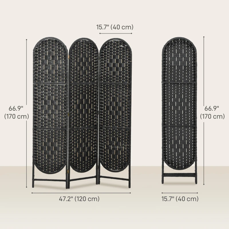 HOMCOM Bohemian Privacy Screen, Folding Room Divider with 3 Panels and Arched Top for Bedroom Living Room Office, Black